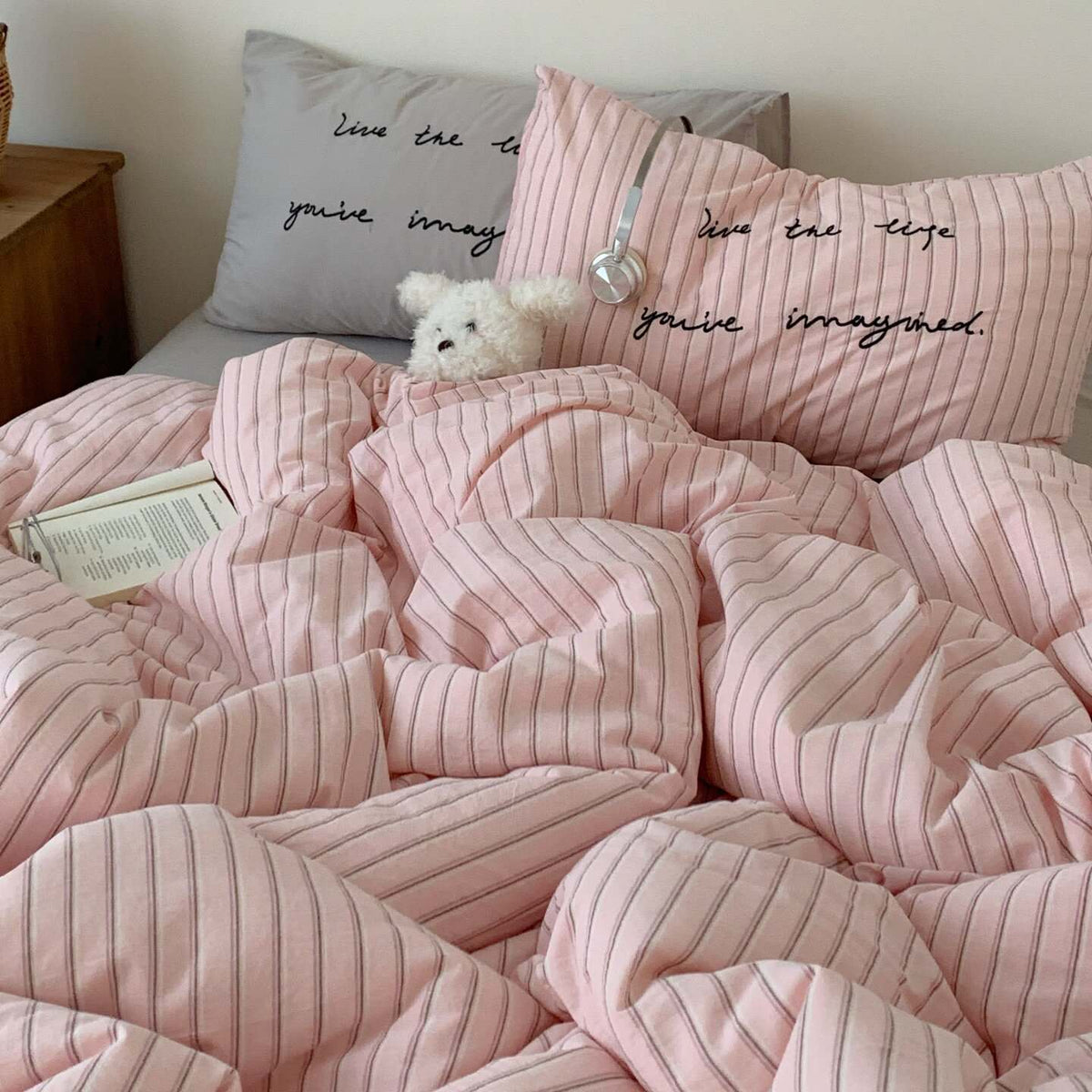 Vintora Washed Cotton Striped Bedding Set Soft Breathable Cotton Minimalist Set G94