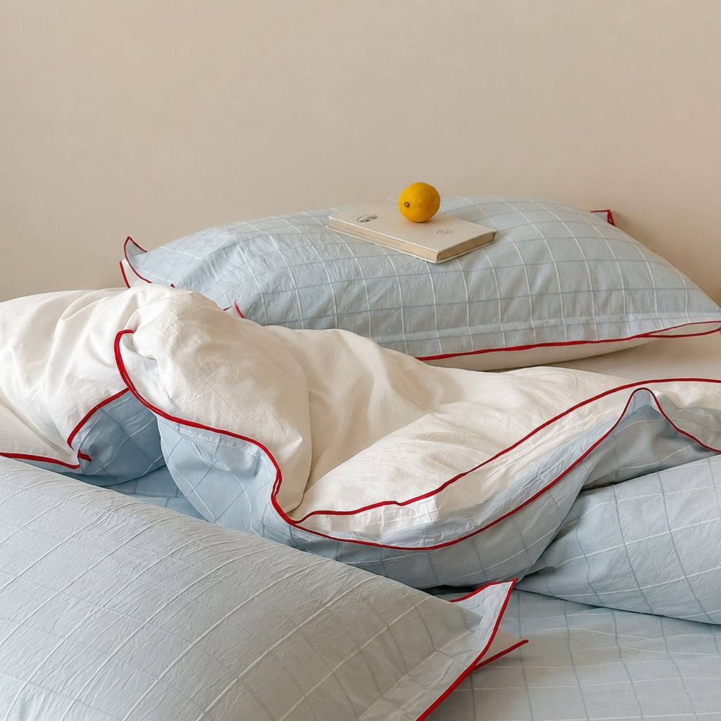 Vintora Simple Retro Blue Plaid Red Double-Sided Cotton Bedding Set G120