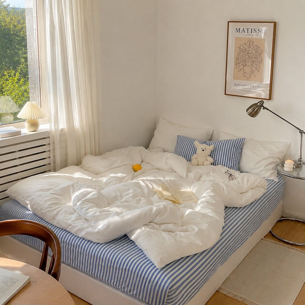 Vintora Minimalist Washed Cotton Striped Bedding Set  Airy All Season G97
