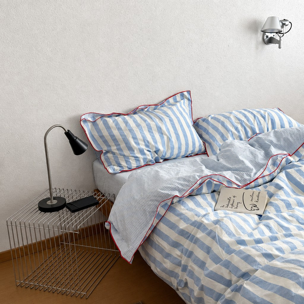 Vintora Modern Blue Stripe Washed Cotton Bedding Set