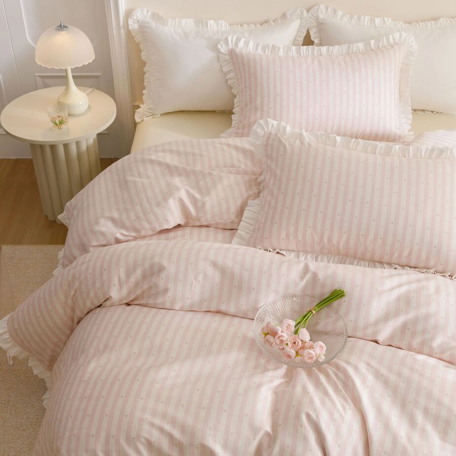 Roselle Pink and White Striped Cotton Bedding Set with Ruffle Trim G112