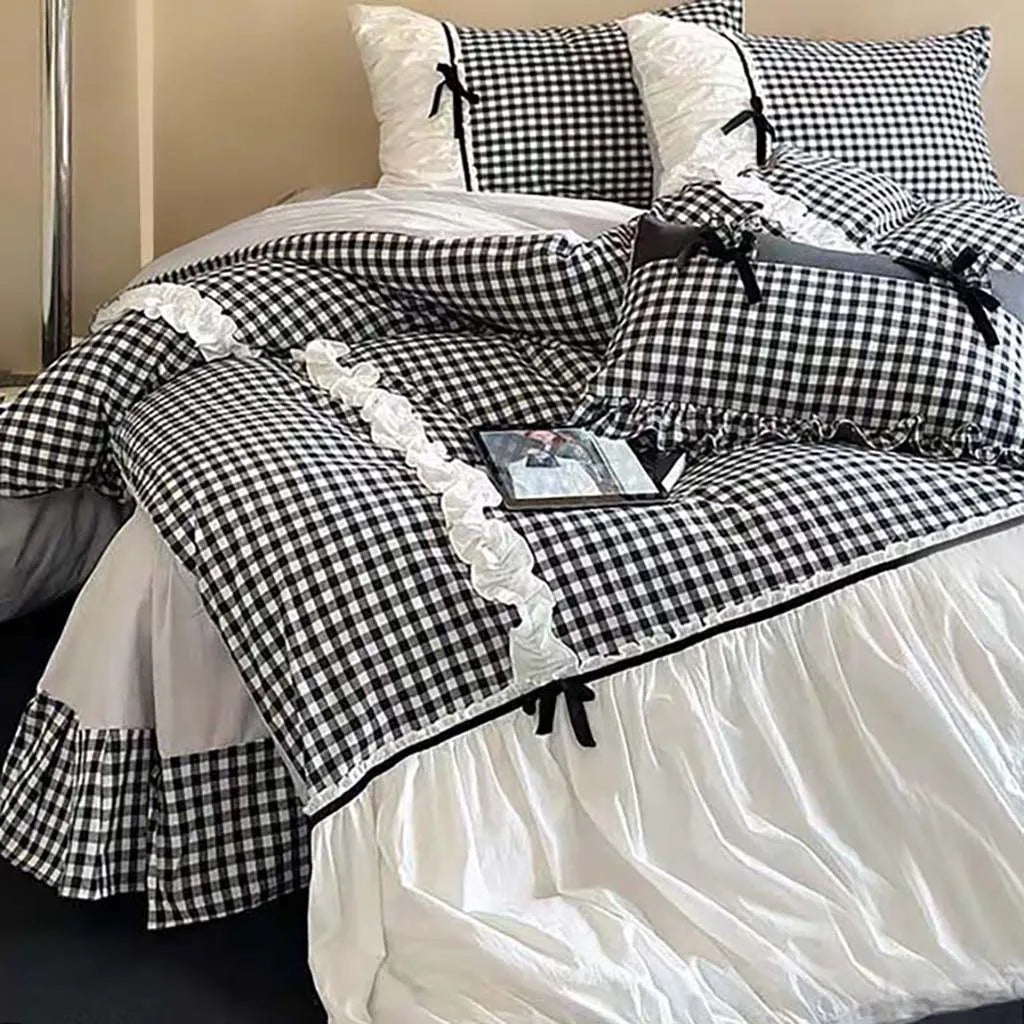 Black Gingham with Bow Ruched Bedding Set