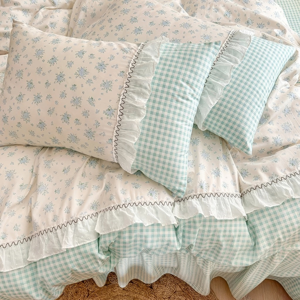 Kawaii Grandma Blue Plaid Bedding Duvet Cover Set