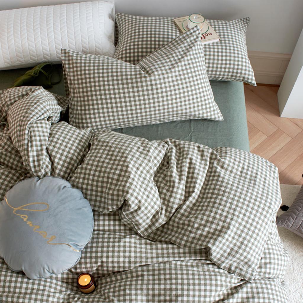 Cotton Small Gingham Bedding Set - Beige