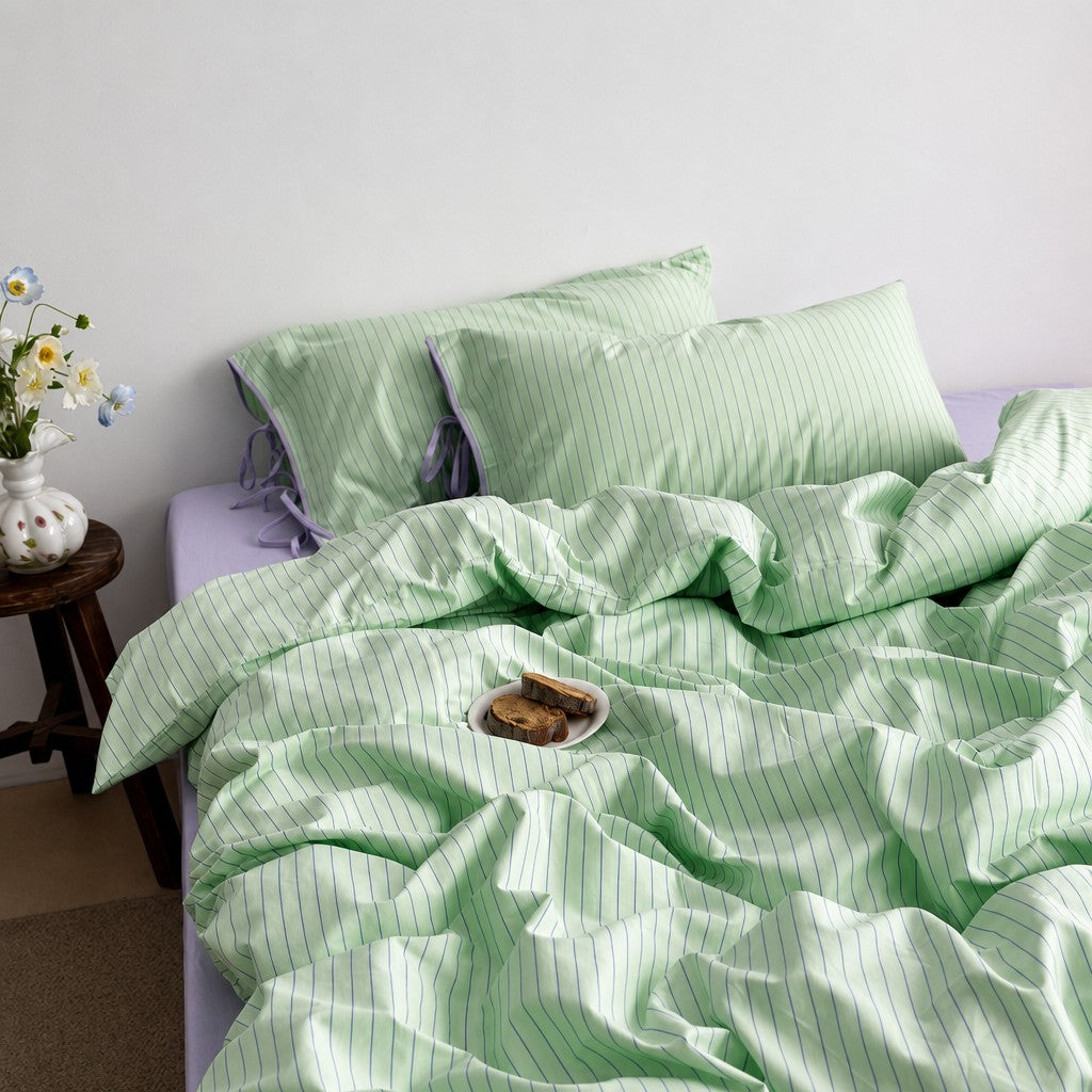 Vintora Modern Green Stripe Cotton Bed Linen Set G95