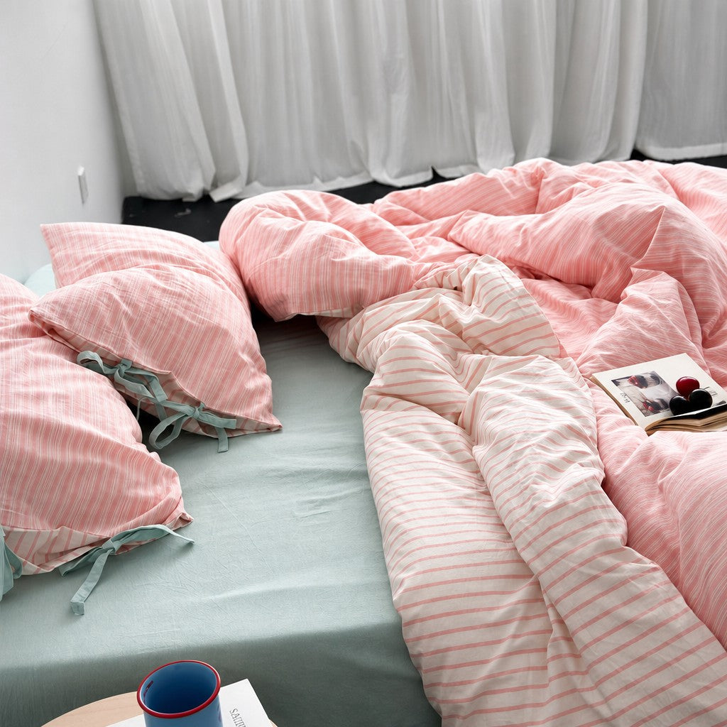 Vintora Cozy Vintage Pink Stripe Cotton Bedding 4 Piece Set