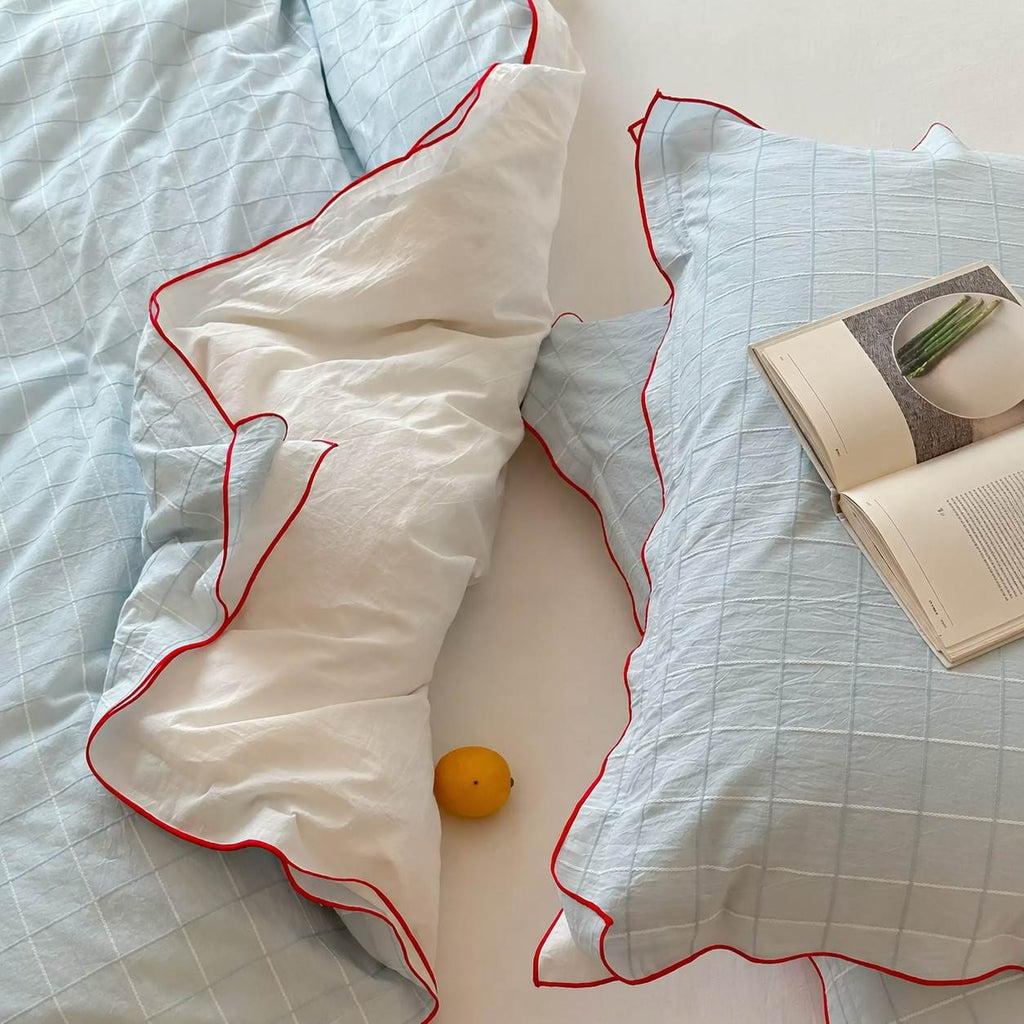 Vintora Simple Retro Blue Plaid Red Double-Sided Cotton Bedding Set G120