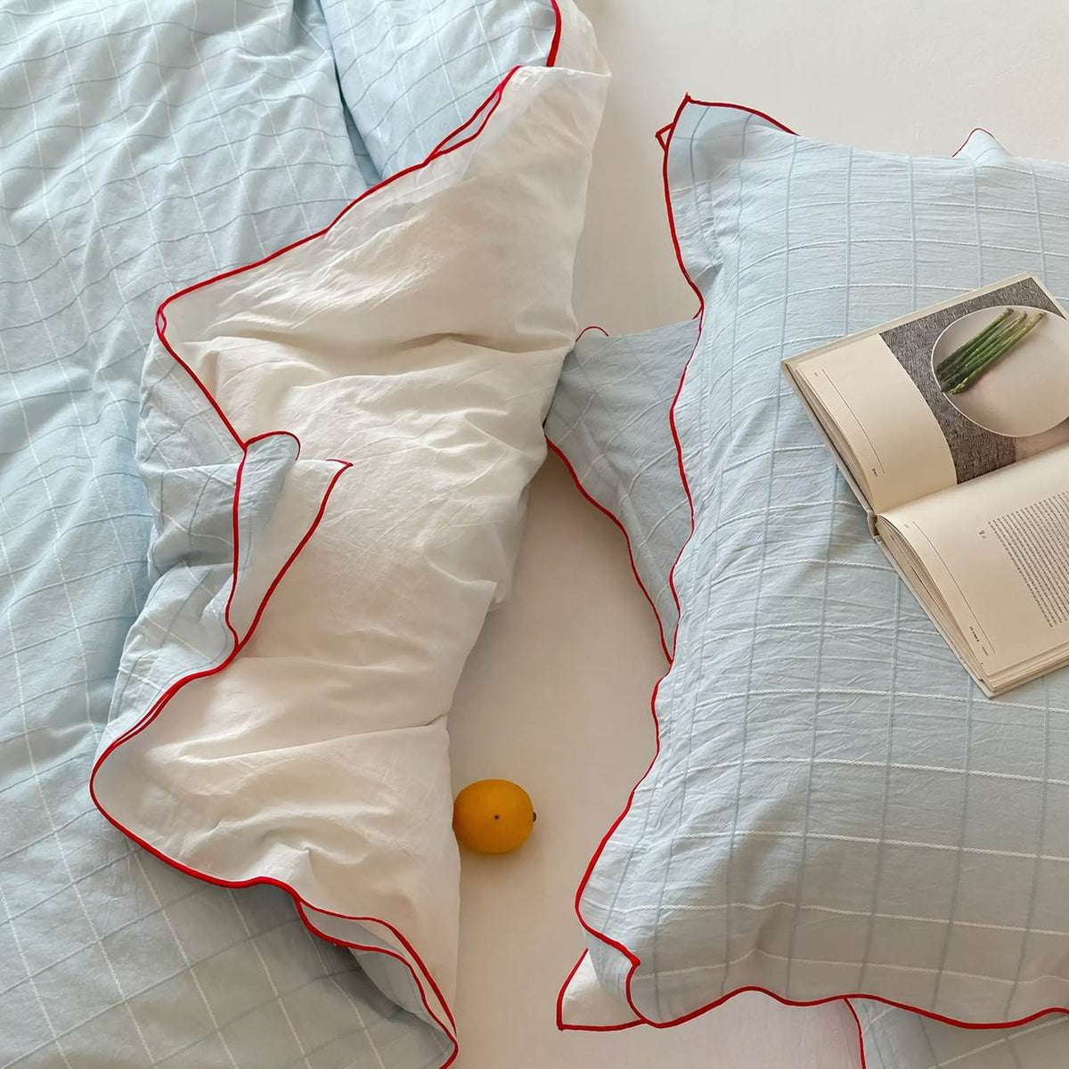 Vintora Simple Retro Blue Plaid Red Double-Sided Cotton Bedding Set G120
