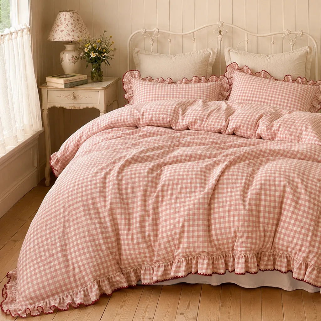 Pink Gingham Ruffle Duvet Cover Set