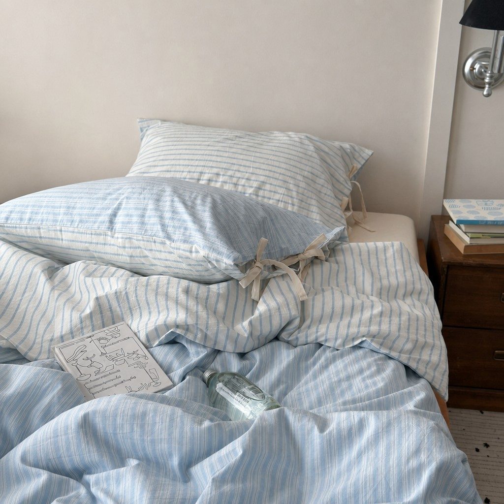 Vintora Blue Stripe Washed Cotton Bedding Set Breathable All Season Bed Linen G93