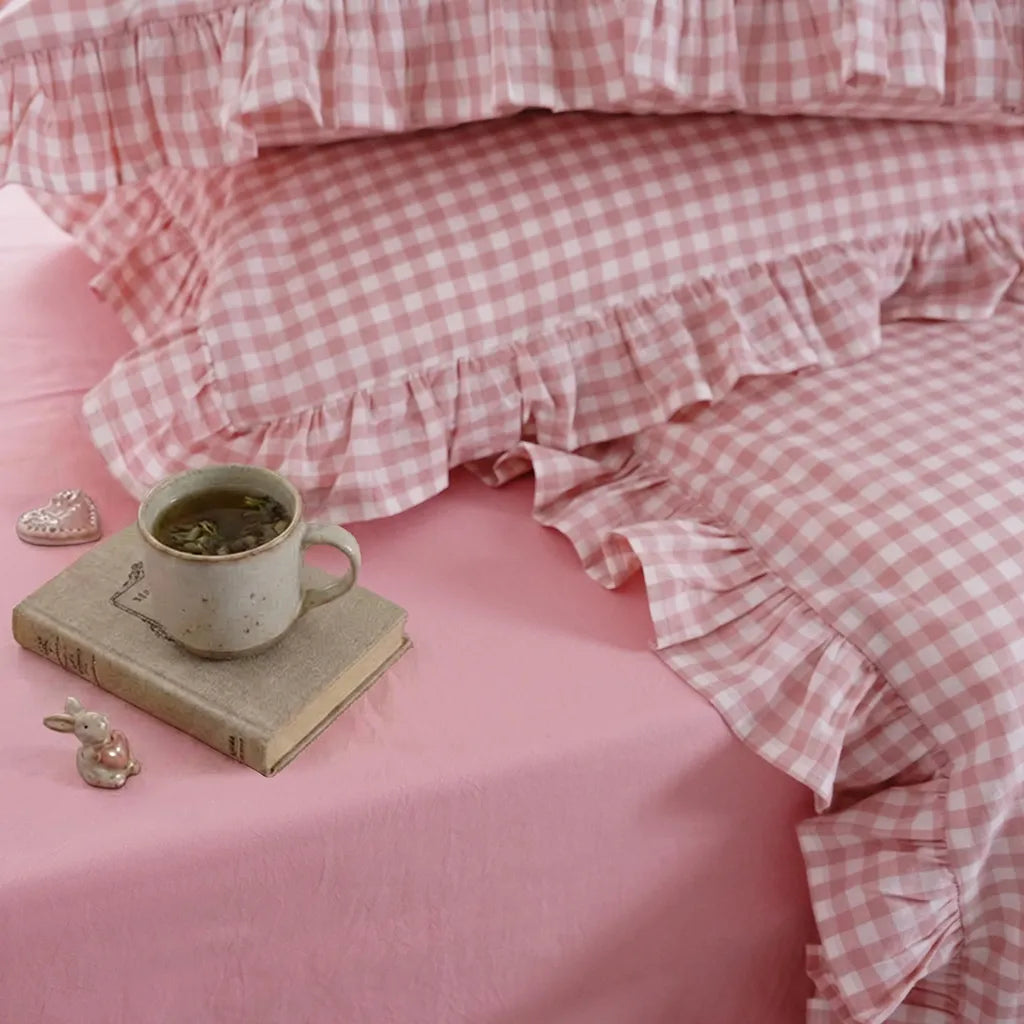 Pink Rustic Gingham Duvet Cover with Ruffle