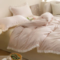 Roselle Pink and White Striped Cotton Bedding Set with Ruffle Trim G112