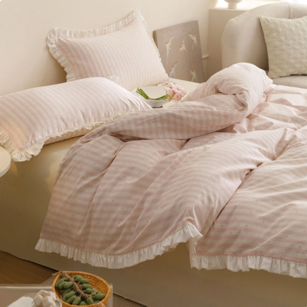 Roselle Pink and White Striped Cotton Bedding Set with Ruffle Trim G112