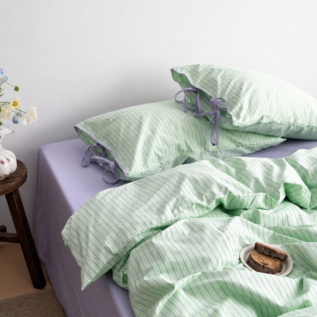 Vintora Modern Green Stripe Cotton Bed Linen Set G95