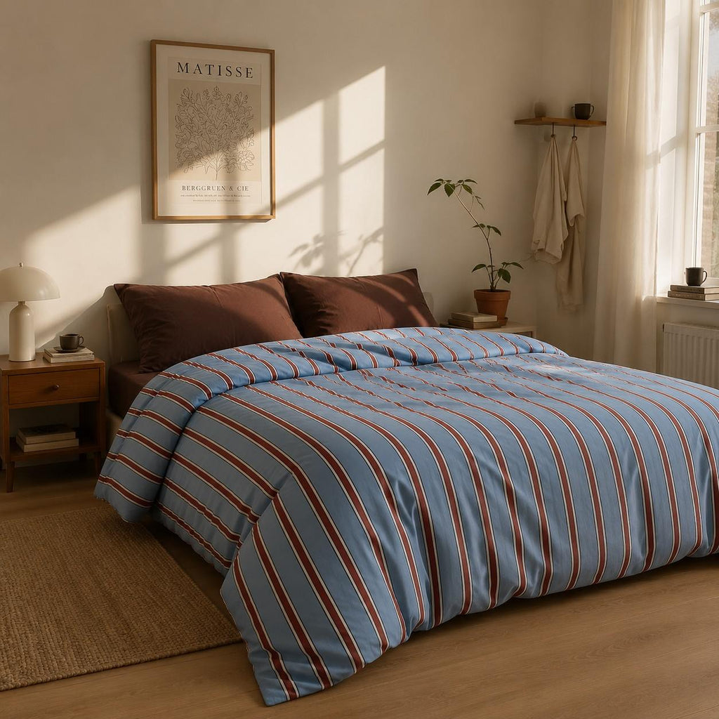 Vintora Vintage Pink and Blue Striped 100% Cotton Bedding Set G105