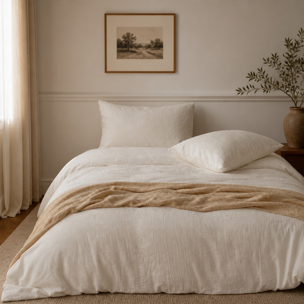 Cottara Pure Cotton White Bedding Set – Textured Japandi Style Bed Linen Set for All Season Home Comfort G64