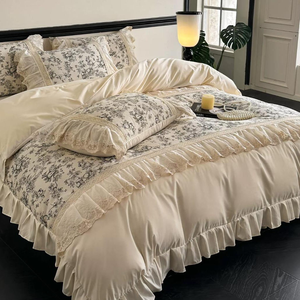 Roselle Lacera Cream Floral Bedding Set – Cottage Polyester Duvet Cover with Lace Trim Decor G68