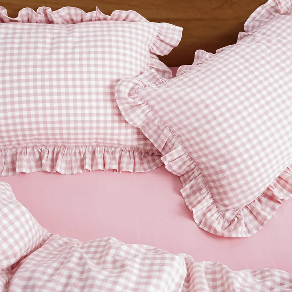 Pink Rustic Gingham Duvet Cover with Ruffle