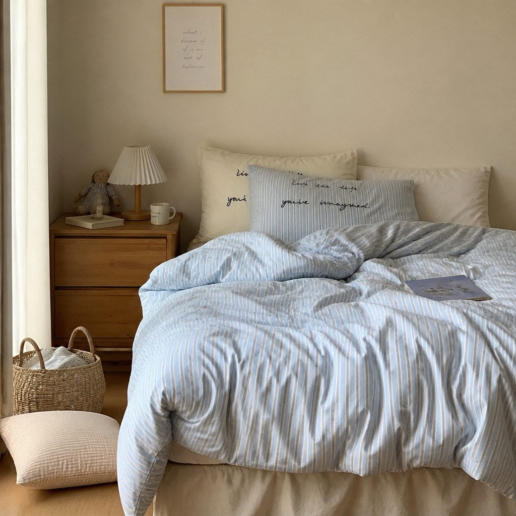 Vintora Washed Cotton Striped Bedding Set Soft Breathable Cotton Minimalist Set G94
