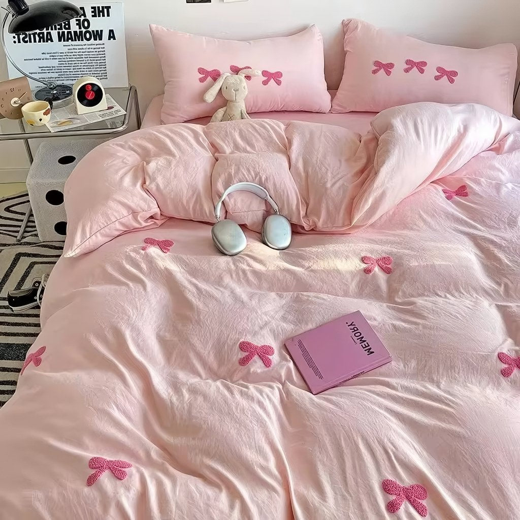 Cute Embroidered Bows Coquette Bedding Set