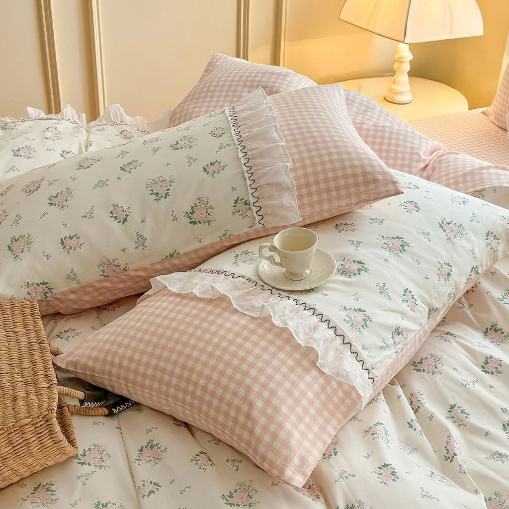 Kawaii Grandma Pink Plaid Bedding Duvet Cover Set