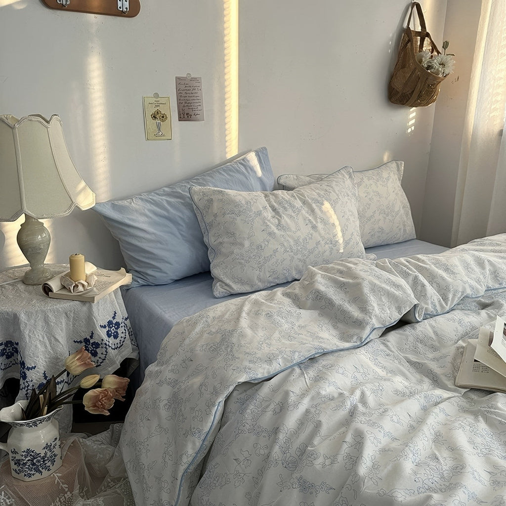 Blue Floral Line Art Bedding Duvet Cover Set