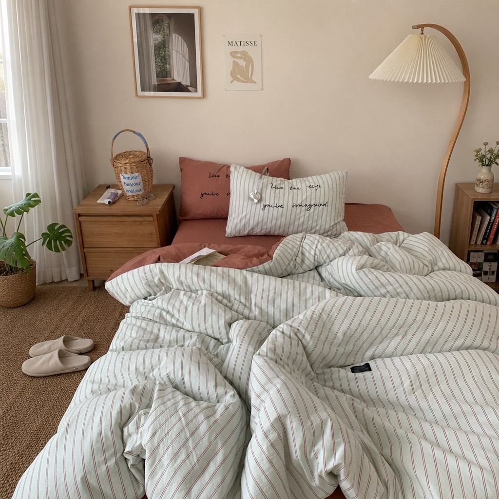 Vintora Washed Cotton Striped Bedding Set Soft Breathable Cotton Minimalist Set G94