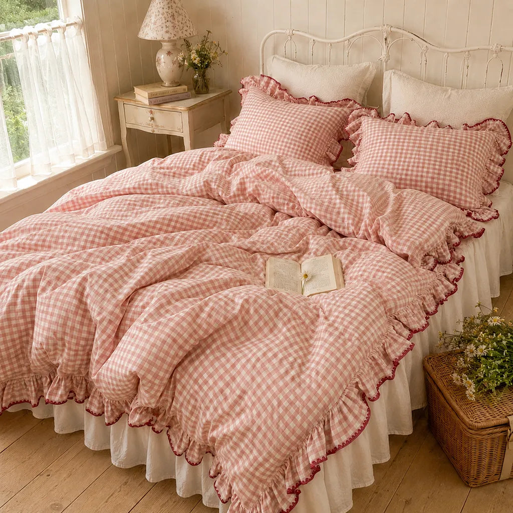 Pink Gingham Ruffle Duvet Cover Set