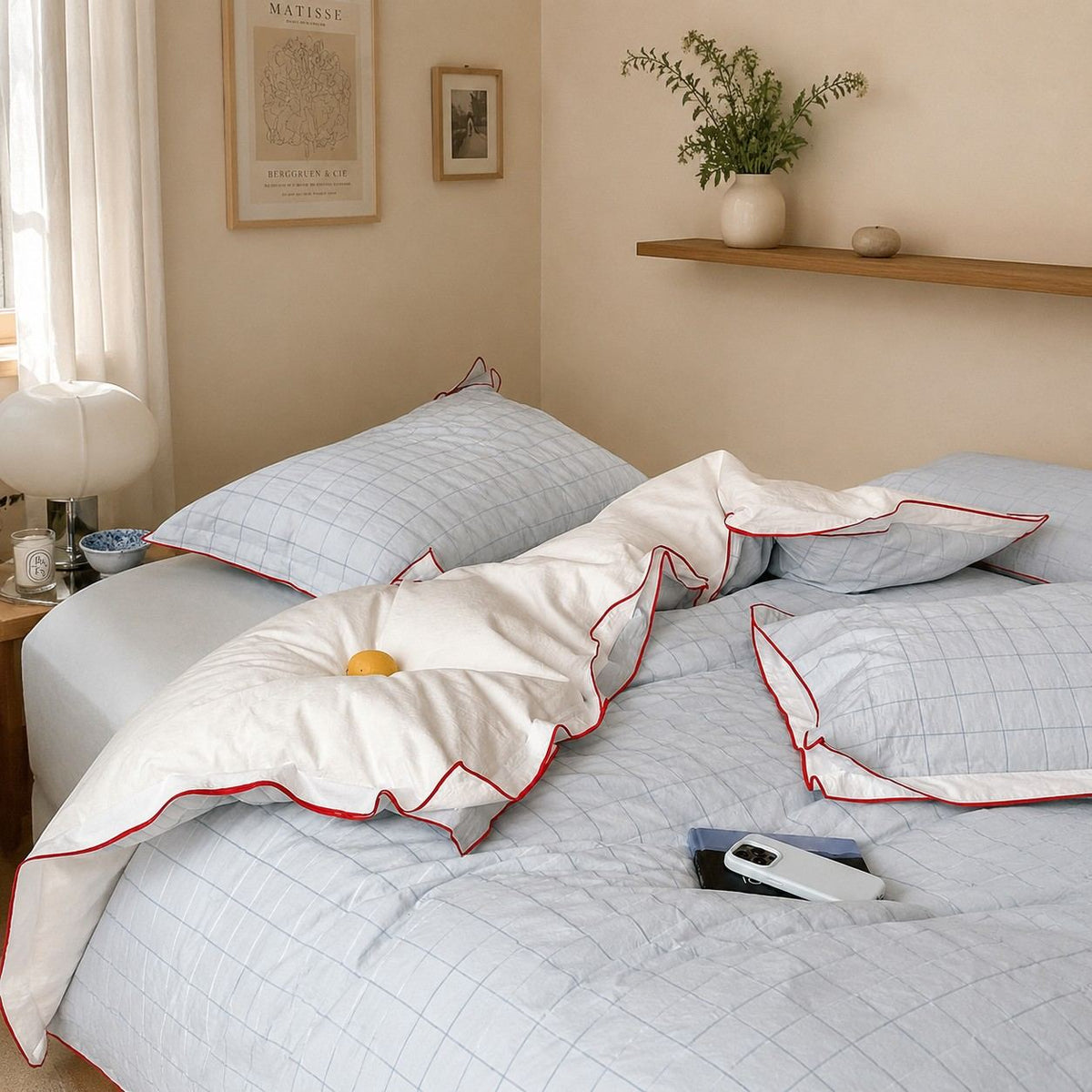 Vintora Simple Retro Blue Plaid Red Double-Sided Cotton Bedding Set G120