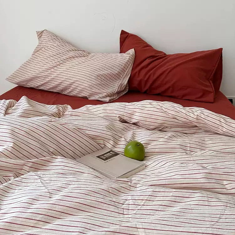 Vintora Red Beige Striped Cotton Bedding Set Minimalist Style for Bedroom Home Decor G83