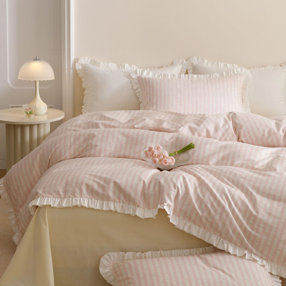 Roselle Pink and White Striped Cotton Bedding Set with Ruffle Trim G112
