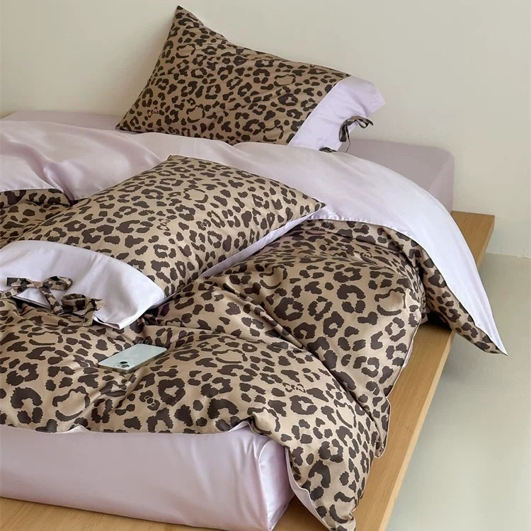 Vireza Coffee Leopard Print Cotton Bedding Set Soft Retro Bed Linen for Cozy Bedrooms G71