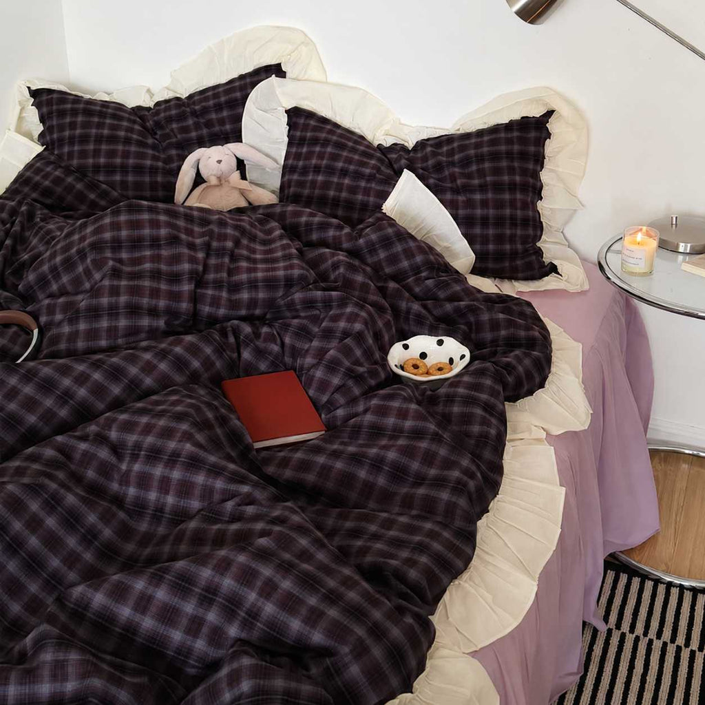 Roselle Washed Cotton Gingham Bedding Set with Ruffle Trim G113