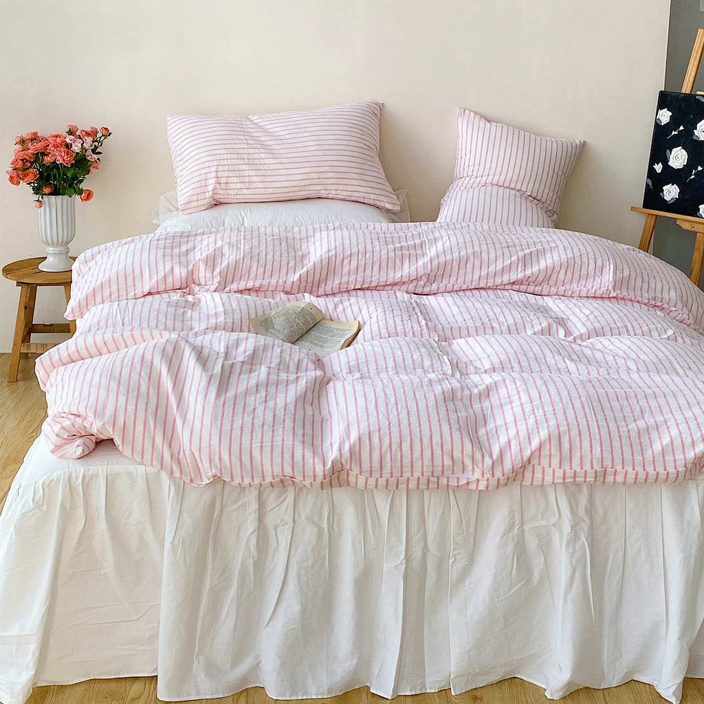 Roselle French Country Cloud White Cotton Bedding Set with Pink Striped Bed Skirt G109