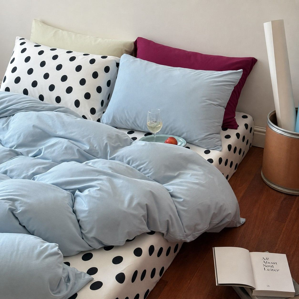 Vireza Black White Polka Dot Blue Cotton Bedding Set for All Season Set G102