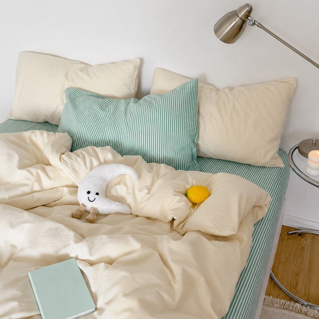 Vintora Minimalist Washed Cotton Striped Bedding Set  Airy All Season G97