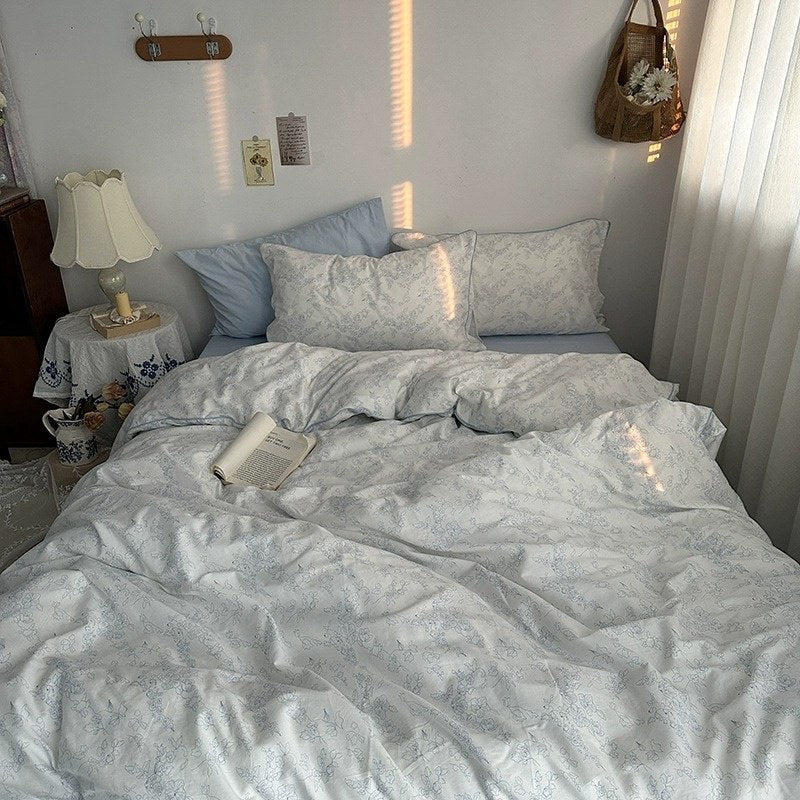 Blue Floral Line Art Bedding Duvet Cover Set