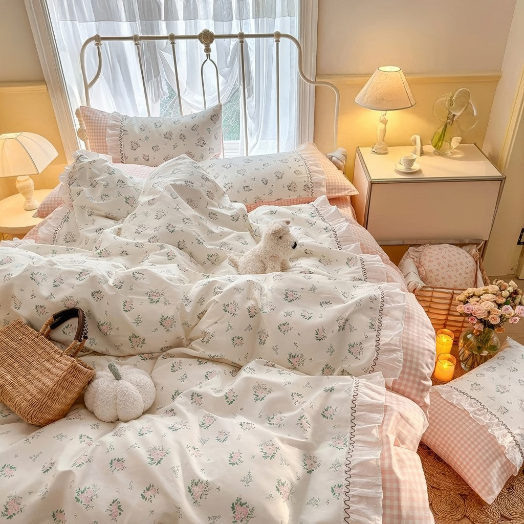 Kawaii Grandma Pink Plaid Bedding Duvet Cover Set