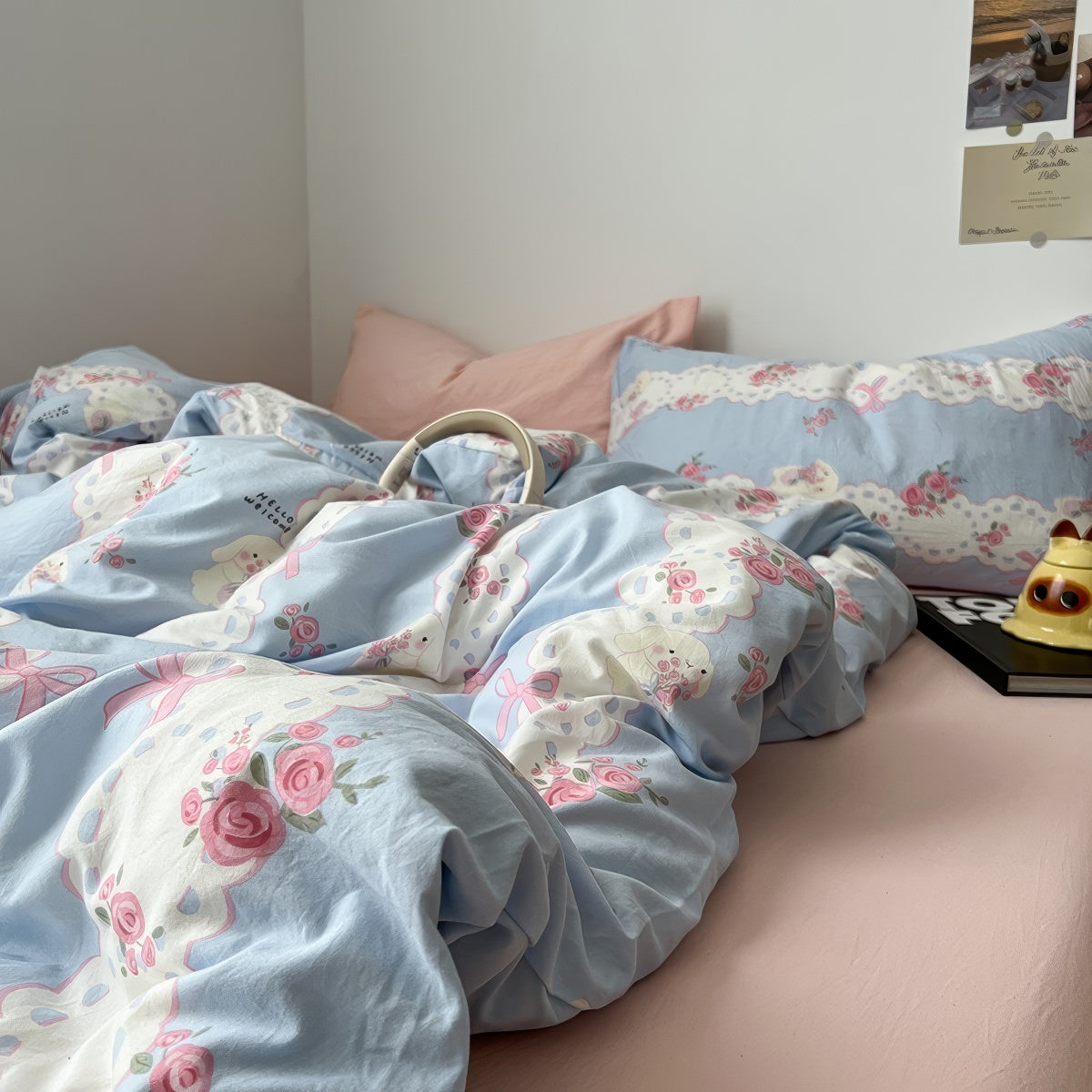 Romantic Blue & Pink Floral Lace Bedding Set