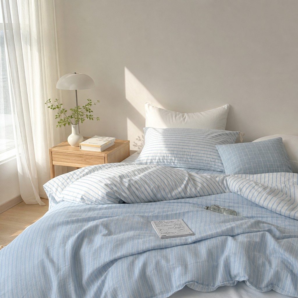 Vintora Blue Stripe Washed Cotton Bedding Set Breathable All Season Bed Linen G93
