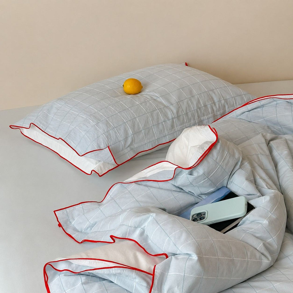 Vintora Simple Retro Blue Plaid Red Double-Sided Cotton Bedding Set G120