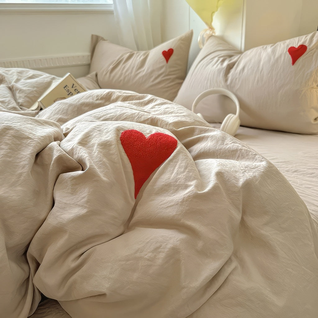 Beige Washed Cotton Bedding Set With Red Embroidered Heart
