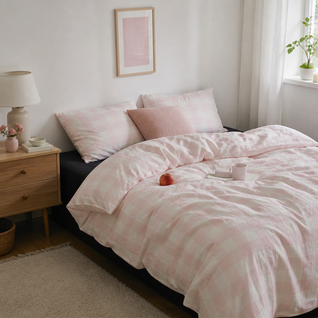 Viatora Pink Plaid Cotton Bedding Set Breathable  Wicking for All Seasons G76