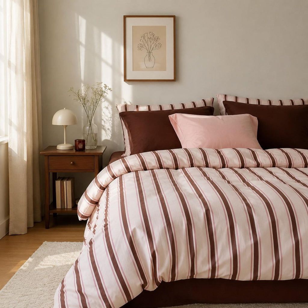 Vintora Vintage Pink and Blue Striped 100% Cotton Bedding Set G105