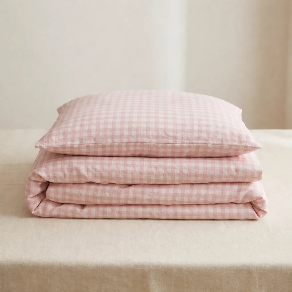 Cotton Small Gingham Duvet Cover - Pink