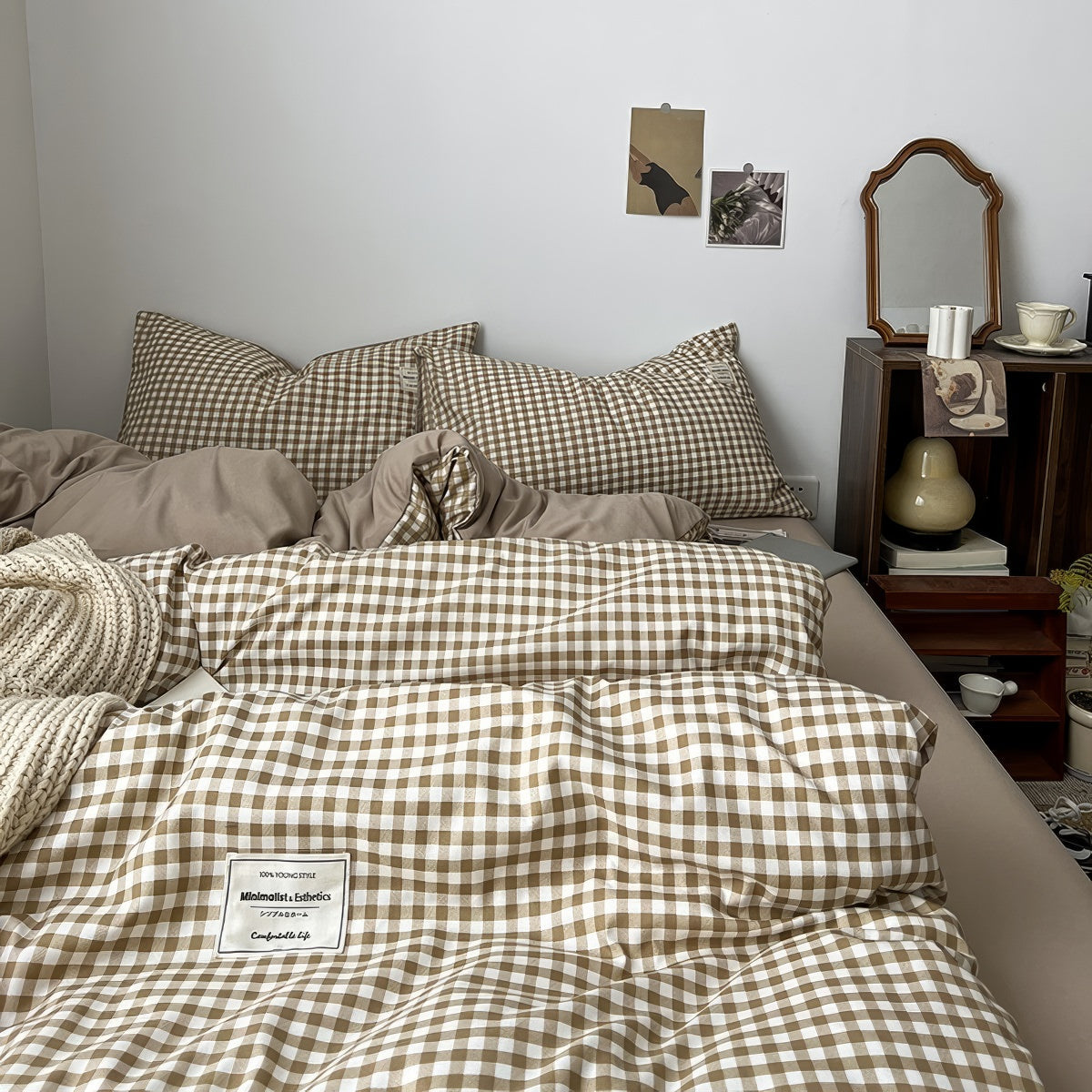 Light Brown Gingham Bedding Set