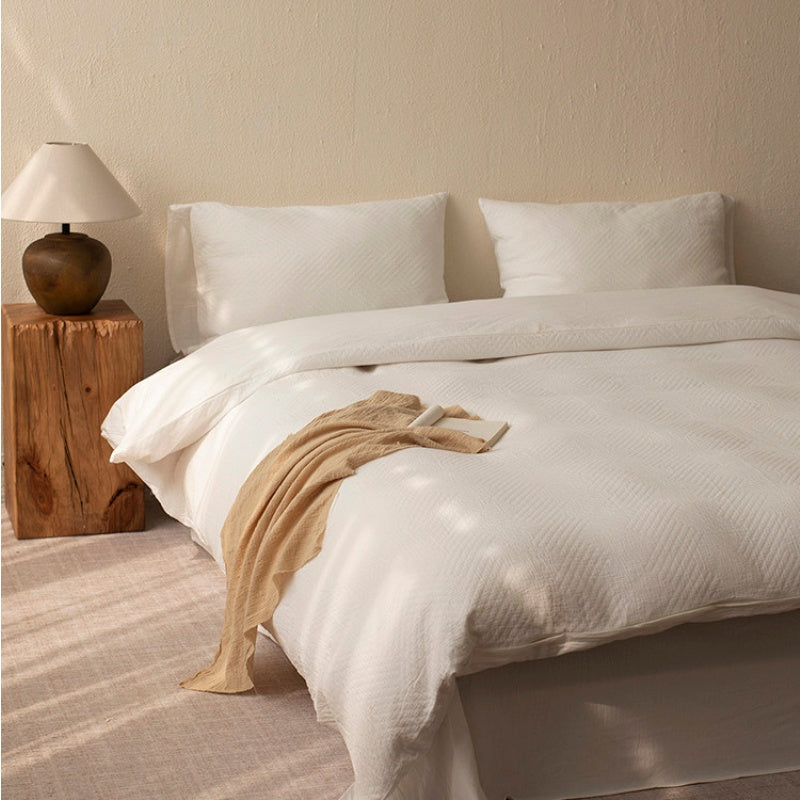 Cottara Pure Cotton White Bedding Set – Textured Japandi Style Bed Linen Set for All Season Home Comfort G64