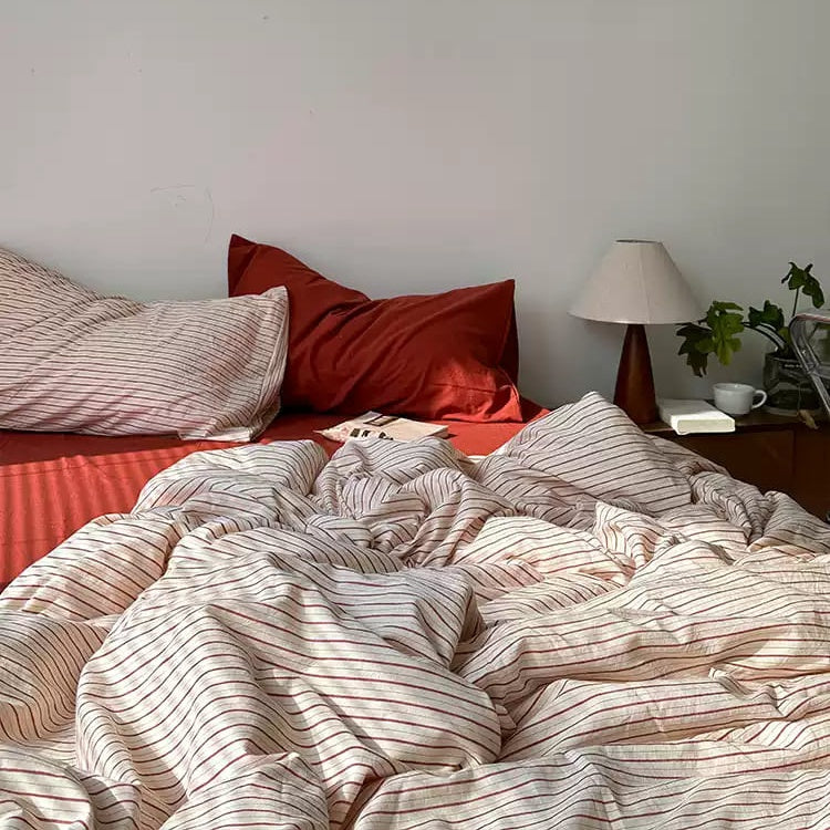 Vintora Red Beige Striped Cotton Bedding Set Minimalist Style for Bedroom Home Decor G83