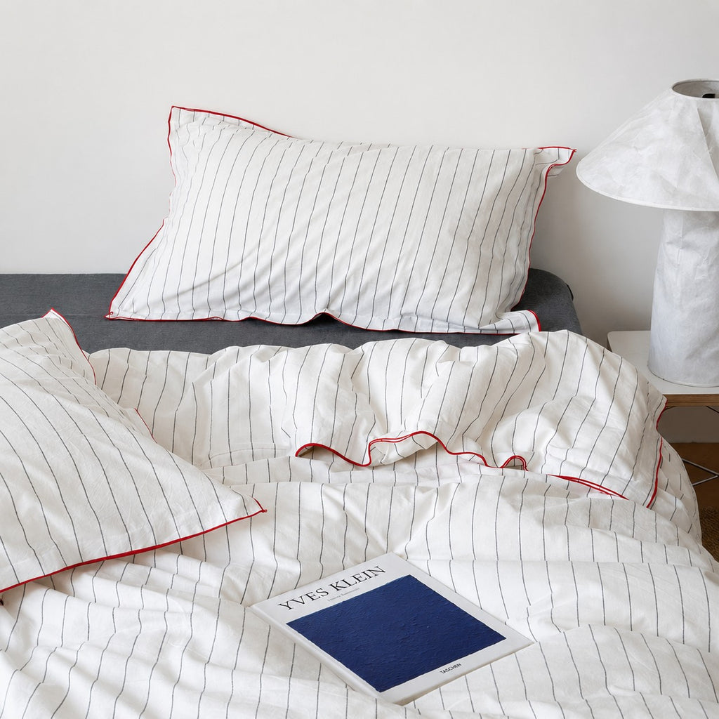 Vintora Minimalist White Striped Washed Cotton Bedding Set for Everyday Comfort G116