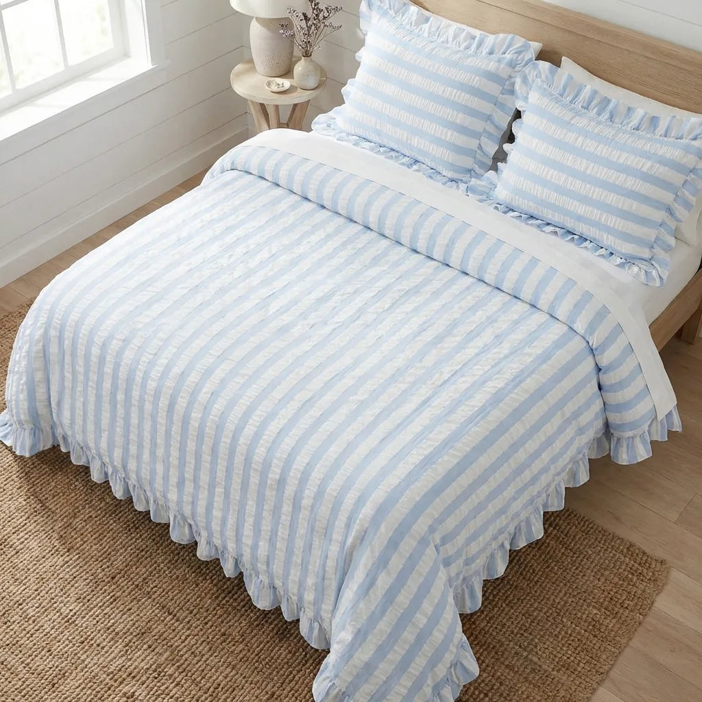 Baby Blue Seersucker Duvet Cover with Ruffle